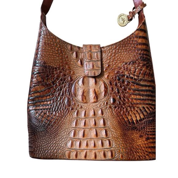 Brahmin Toasted Almond Square Croc Leather Adjustable Boho Shoulderbag luxry - Picture 2 of 11